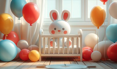 Greeting card, baby crib and congratulation balloons. - obrazy, fototapety, plakaty
