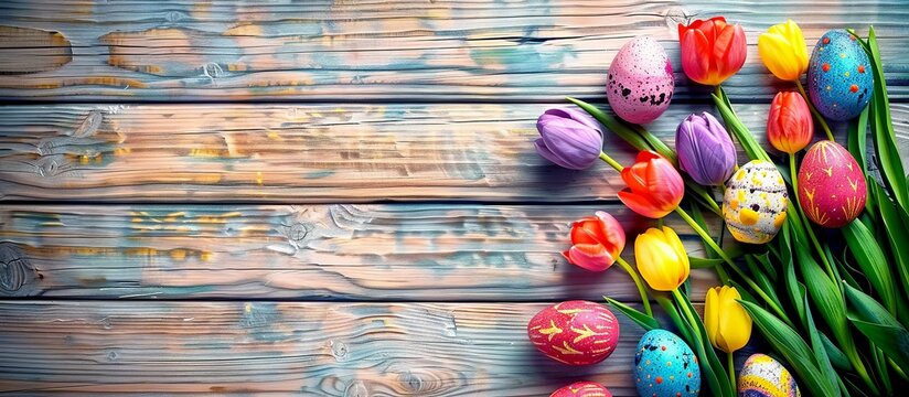 Decorated eggs among colorful tulips on a rustic wooden plank infuse warmth and festivity. Made with Generative AI Technology