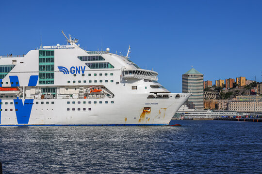 GNV ferry ship anchored in Genoa port, Italy. Grandi Navi Veloci （GNV） is an Italian shipping company, based in Genoa.