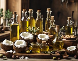 Rustic kitchen scene with assorted bottles of olive oil