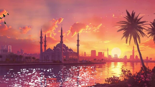mosque by the waterfront bathed in the warm hues of the setting sun, seamless looping video background animation