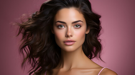 Naklejka premium Woman Wearing a Fashionable Dress Shines in a Professional Studio with a Pink Background