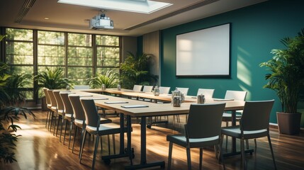 Fototapeta premium Modern conference room setup for a corporate meeting, projector, chairs, and presentation screen, capturing the professional atmosphere of business ev