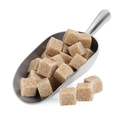 Brown sugar cubes in metal scoop isolated on white