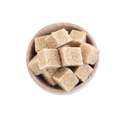 Brown sugar cubes in wooden bowl isolated on white, top view