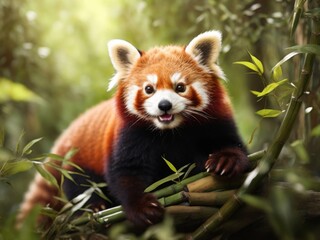 Fototapeta premium Red panda as it frolics among the branches of a bamboo forest
