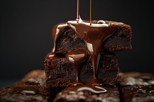 chocolate brownies with chocolate dripping on dark background