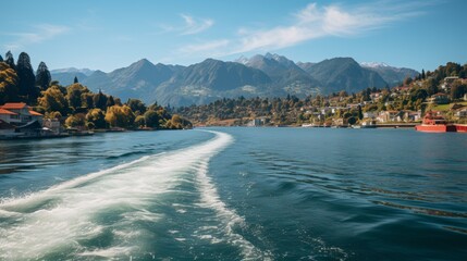 View from the bow of a ferry crossing a large lake, wake of the ship visible, mountains in the distance, focusing on the scenic and tranquil journey, - obrazy, fototapety, plakaty