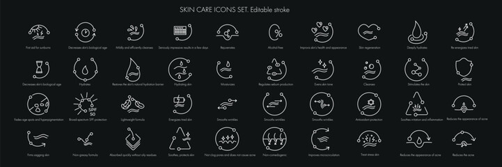 Beauty skin care icon pack set for patch, cream, mask cosmetic and beauty product, medical clinic, web, packaging. Vector stock illustration isolated on Black background. Editable stroke.