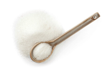 Spoon with granulated sugar isolated on white, top view