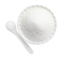 Granulated sugar in bowl and spoon isolated on white, top view