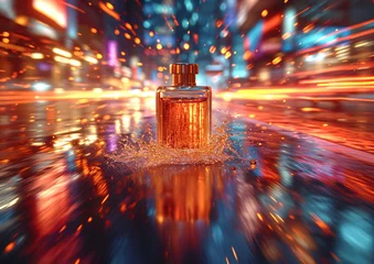 Foto auf Leinwand a close up of a waa bottle of perfume splashing out of waterll © Ruben
