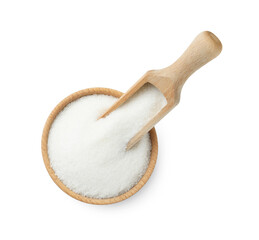 Granulated sugar in bowl and scoop isolated on white, top view