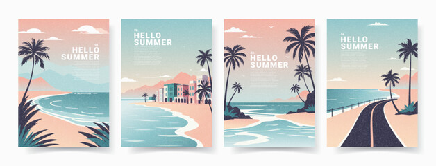 Summer posters with sea landscape. Minimalistic flat style cards for decoration summer travel, holiday, vacation. Vector cards with sea coast, mountains, palms and typography design. Trendy covers.