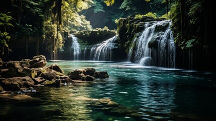 Waterfall cascading through a tropical forest, surrounded by diverse vegetation, a hidden paradise, Photography, slow shutter speed to blur the water