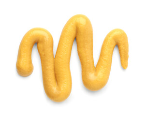 Fresh mustard sauce isolated on white, top view