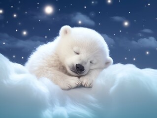 A majestic polar bear slumbers peacefully on a fluffy cloud, basking in the crisp, wintry air and embodying the ultimate harmony between land and sky
