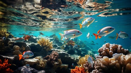 Fototapeta na wymiar School of tropical fish swimming over a coral reef, variety of species, conveying the movement and life in a healthy reef, Photorealistic, school of f