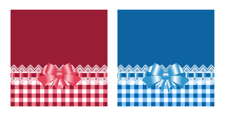 Checkered blue and red background with bow and lace