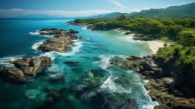 Vibrant bird??Ts eye view of a tropical forest meeting the ocean, contrasting green and blue, a natural wonder, Photography, aerial panoramic shot to