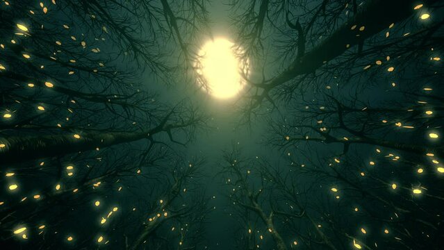 Rays of moonlight illuminate the falling leaves in the autumn forest. Bottom up view. Seamless looped. 3d animation. 4k. 