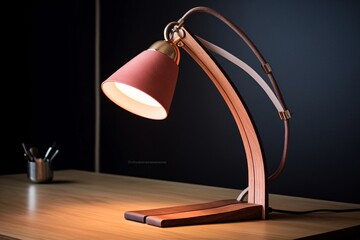 a pink lamp on a wooden surface
