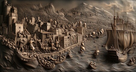 Fototapeta premium Renaissance cityscape with bustling maritime activity