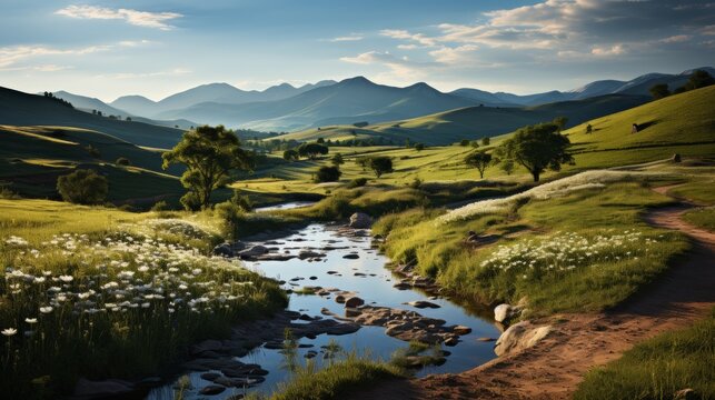 Wildflower meadow with a winding path, hills in the background, focusing on the natural beauty and tranquility of rural areas, Photorealistic, wildflo