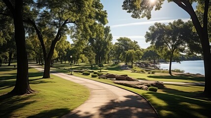 Serene city park with jogging paths, green lawns, and trees, an oasis of calm in the urban landscape, Photography, aerial shot to show the layout and - obrazy, fototapety, plakaty