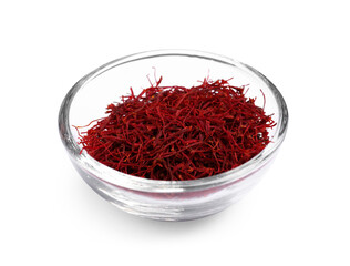 Aromatic saffron in bowl isolated on white