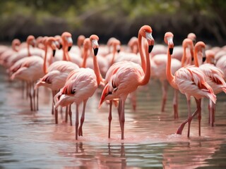  flamingos wading through a shallow lagoon