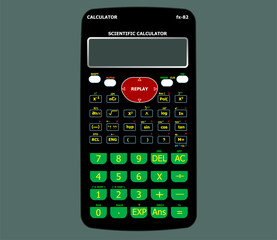 A Scientific Calculator with colorful buttons with different  function isolated on grey background . It is a calculator designed to help you calculate science, engineering, and mathematics problems