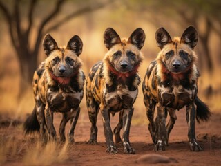 Pride of wild African painted dogs on the hunt, - obrazy, fototapety, plakaty