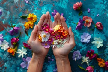 Obraz na płótnie Canvas Mindfulness for mental and emotional wellbeing. Alternative medicine. Female hands with many jangle flowers. Meditation, Breathing, Intentions, Connecting