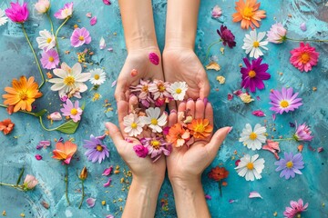 Mindfulness for mental and emotional wellbeing. Alternative medicine. Female hands with many jangle flowers. Meditation, Breathing, Intentions, Connecting - obrazy, fototapety, plakaty