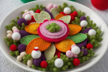 multicolored knitted products lie on a plate in the form of a salad