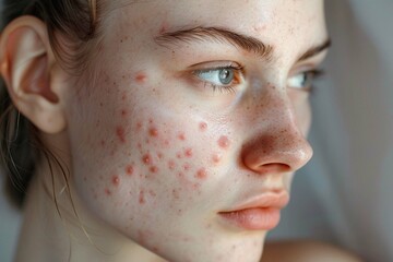 National Acne Positivity Day. Portrait of confident Woman Acne Skin. Closeup of girl With Hormonal Acne Pimples skin
