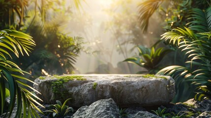 sunny nature product background with rock podium, concept: product placement, copy space, 16:9