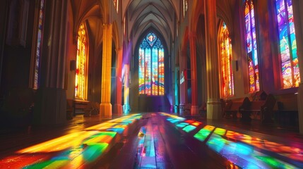 Gothic church with towering lancet windows casting a rainbow prism indoors