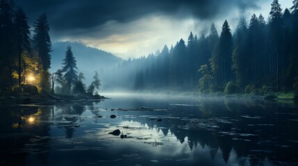 Fototapeta na wymiar Misty morning at a forest lake, fog hovering over the water, eerie yet beautiful atmosphere, subdued colors, Photography, low light capture with a hig