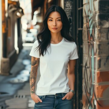 A young woman with tattoos and a plain white t-shirt on the street. Perfect for design and logo mockups