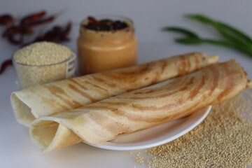 Proso Millet Dosa. South Indian crepe or dosa made with fermented batter of proso millet and lentils