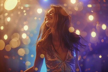 
New year dance party celebration. Happy young woman in shiny dress with long hair dancing at party...