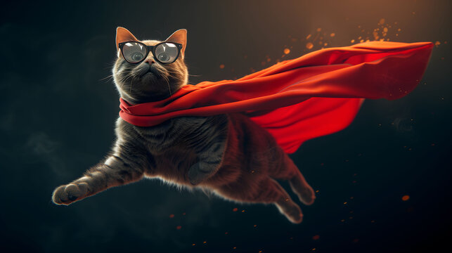 flying cat, super flying cat with red cape.