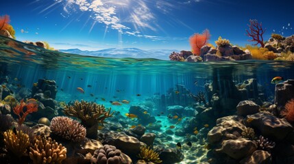 Vibrant coral reef teeming with colorful fish, intricate coral structures, clear blue water, showcasing the diversity and beauty of underwater ecosyst - obrazy, fototapety, plakaty