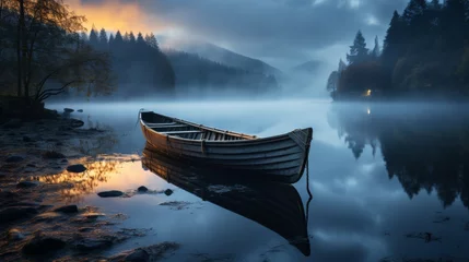 Foto op Canvas Wooden rowboat on a calm lake at twilight, oars and a lantern, surrounded by mist, symbolizing a quiet and romantic escape, Photorealistic, romantic b © ProVector