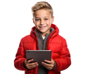 Happy boy holding tablet, cut out