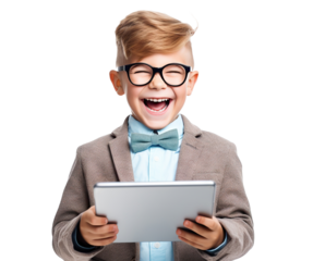 Happy smart boy holding tablet, cut out