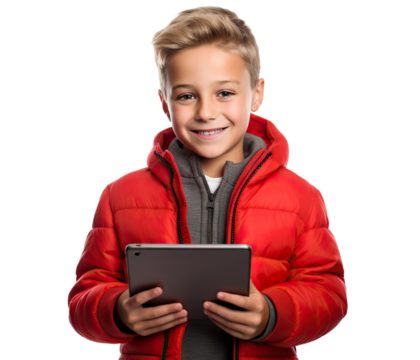 Happy boy holding tablet, cut out