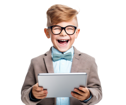 Happy smart boy holding tablet, cut out